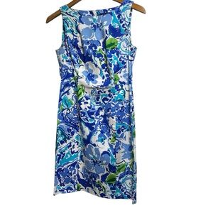 Chaps Blue Floral Watercolor Sleeveless Sheath Dress Petite 4P Cotton Blend #506